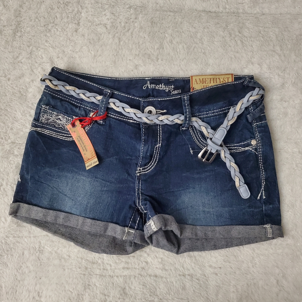 Amethyst Jeans Dark Blue Denim Women's Mid Rise Shorts with Braided Belt